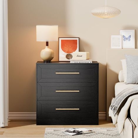 UEV Commode à 3 Tiroirs 80cm, Meuble de Rangement Moderne, Commode Étroite avec Manche Doré, Grain de Bois, pour Salon, Chambre, Bureau, 80 x 40 x 78 cm, Noir