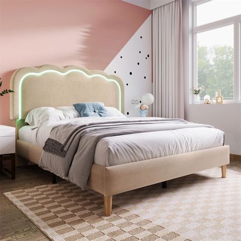 Lit double rembourré 140 x 200 cm avec LED, sommier à lattes et tête de lit réglable - tissu lin beige