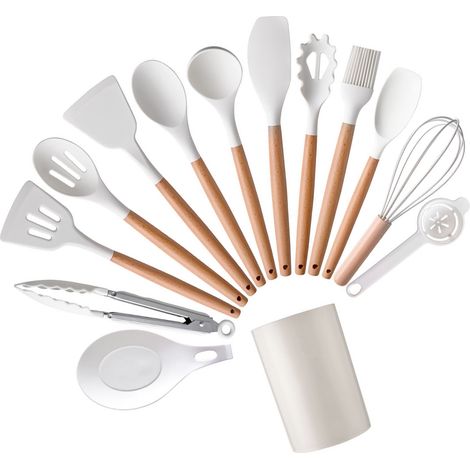 Ensemble de 14 ustensiles de cuisine en silicone avec manche en bois : spatule, retourne-poignets, pince et porte-cuillère (blanc).