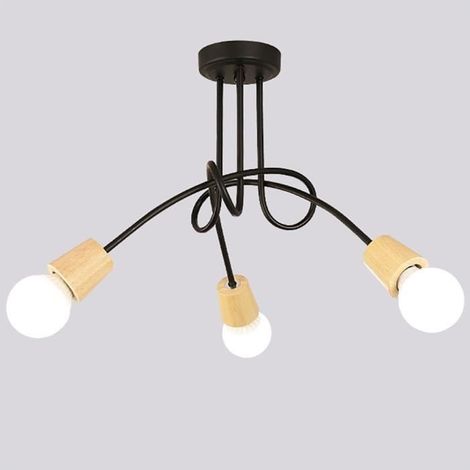 Lustre Plafonnier de Style Industriel Nordique Luminaire en Bois Douille E27 Cuisine Salon Chambre à coucher Café Noir, 3 heads (1/4)