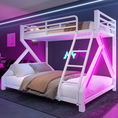 Letto a castello in metallo bianco 90 x 200 cm e 140 x 200 cm con LED, sponda e scala (1/5)