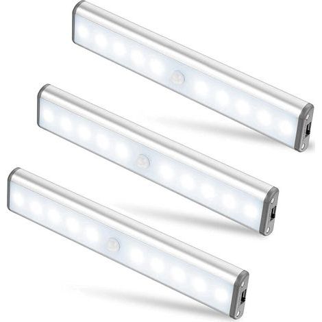 Lot de 3 Lampes 10 LED, Sans Fil, Rechargeable par USB, Aimanté, Détecteur de Mouvement, 2 Modes d’Éclairage, Portable. Lumière de Placard, Baladeuse de Secours, Veilleuse Enfant, Appoint … [Classe én (1/5)