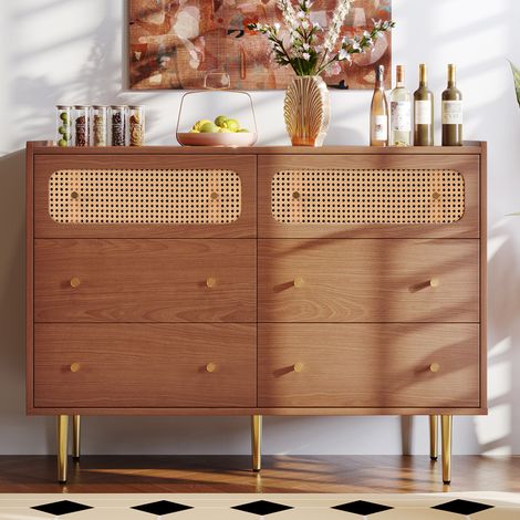 Kommode 120x40x90 cm Nussbaum in Holzoptik mit Metallbeinen und 6 Schubladen (1/5)