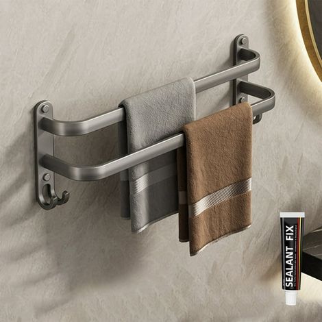 Porte-serviettes mural double niveau en aluminium noir de 30 cm (12 pouces) avec 2 crochets pour salle de bain et hôtel (1/5)