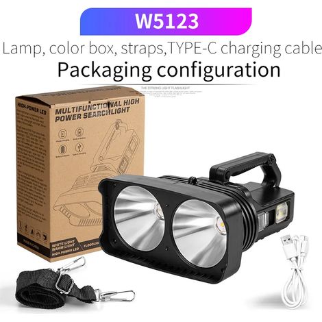 Projecteur LED double puissant - Étanche - Faisceau concentré - Rechargeable par USB - Lampe torche d'extérieur ultra-lumineuse - Avec éclairage latéral (1/5)