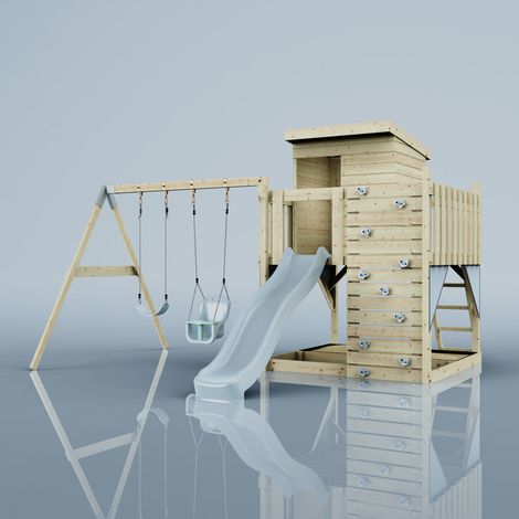 Polarplay – Balançoire bébé double 415 x 396 cm – Hauteur 261 cm – Poids max 50 kg – Couleur bleu glacier – Tour de jeux avec toboggan 220 cm - BLEU 415 X