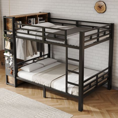 Letto a castello 234x126x177 cm, con vano contenitore, appendiabiti, cassetto, pannello forato, ripiani aperti, metallo e legno nero (1/5)