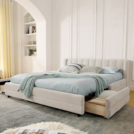Bett Chenille Beige 140x200 cm mit 4 Schubladen und USB-/Typ-C-Anschluss