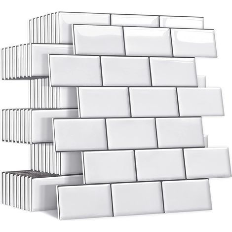Plus épais Credence Adhesive pour Cuisine, Faux Carrelage Adhesif Mural Salle de Bain, Blanc Crédence Adhesive 3D, 5 Pièces (1/5)