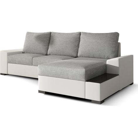 Canapé angle droit convertible tissu gris clair et simili blanc James 245cm (1/5)
