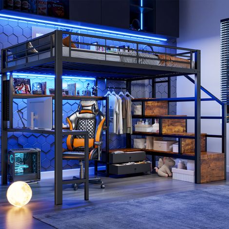 Lit Mezzanine 140x200 cm Noir avec Bureau, Penderie, LED, Escalier de Rangement et 2 Tiroirs