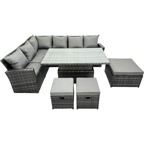 Fimous 9 places Table à manger d'extérieur en rotin à dossier haut et hauteur réglable Ensemble canapé d'angle Mobilier de jardin Tabourets Gris foncé mélangé Links Het (1/5)