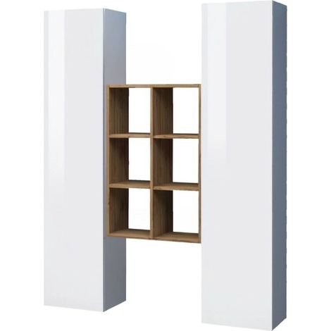 Dmora - Kommode Ddeluc, Wohnzimmer-Set mit 2 Türen und Regalen, Wohnzimmer-Buffet, Küchen-Sideboard, 100% Made in Italy, 140x30h180 cm, Weiß glänzend und Ahorn (1/5)