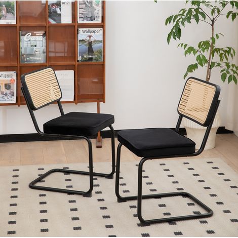 Sedia da pranzo moderna, struttura cantilever, schienale in rattan, seduta in velluto, acciaio cromato, nero (1/5)