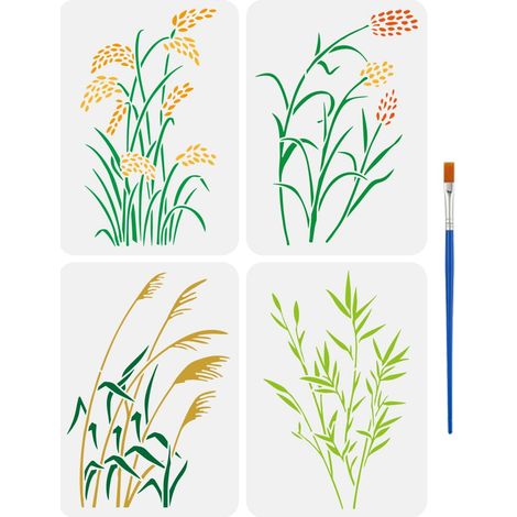 4Pcs Pochoir de Peinture D'Épis de Blé Avec Pinceau 21x29.7cm 4 Styles Modèle Plantes Automne Modèle de Dessin Herbe Sauvage Modèle de Roseaux Décor Pochoir pour Bois Mur Tissu Meubles (1/5)