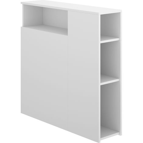Pegane – Tête de lit en bois mélaminé blanc – Dimensions 97x23,5x95 cm – Étagères de rangement – Tampons ABS antibruit (1/4)