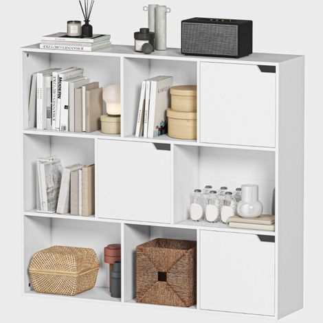 Bibliothèque-9-Compartiments-Cubes-3-Portes-6-Étagères-Libres-Panneau-de-Particules-Blanc-Pour-Salon-Chambre-106x24x95(cm) (1/5)