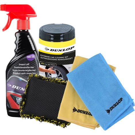 Pack Anti-Insectes Auto Dunlop Détachant 500ml Éponge Spéciale Microfibres 250gsm Nettoyage Pare-Brise Carrosserie Professional (1/4)