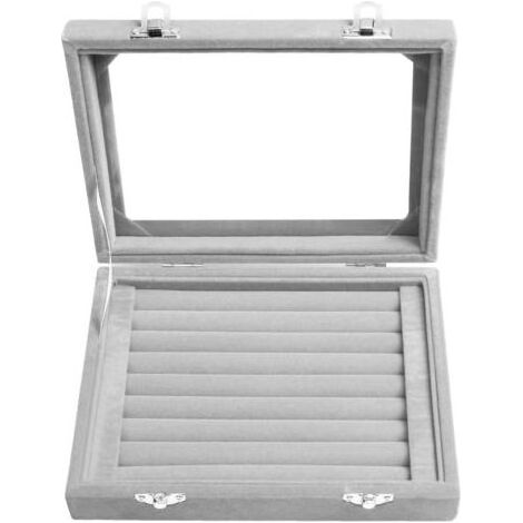 Boîte de rangement pour bagues, vitrine, plateau en velours, boucles d'oreilles, bijoux, boîte de rangement (gris) (1/4)
