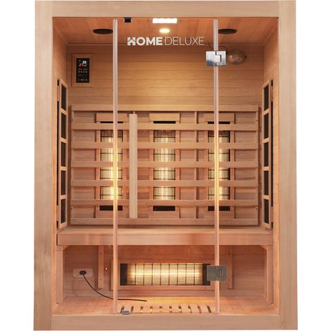 Home Deluxe – Cabine infrarouge 3 places – 150 x 120 x 190 cm – 6 lampes à spectre complet – Hemlock canadien – Luminothérapie incluse