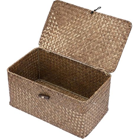 Panier de rangement en osier avec couvercle pour étagère boîte de rangement organisateur de table (31 x 18 x 15cm) Café (1/5)
