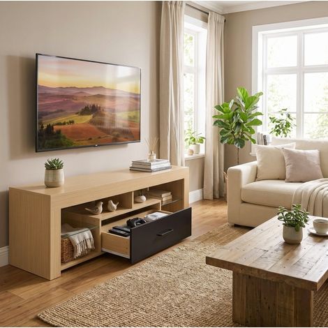 Mobile TV per TV fino a 65 pollici, 140 x 40 cm, ripiani in vetro regolabili, rovere OKMYHOME (1/5)
