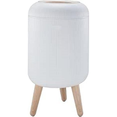1 poubelle sur pied touch 9l, ouverture pression, design bois et blanc, plastique lisse, stable, pour salle de bain, cuisine, bureau (1/3)