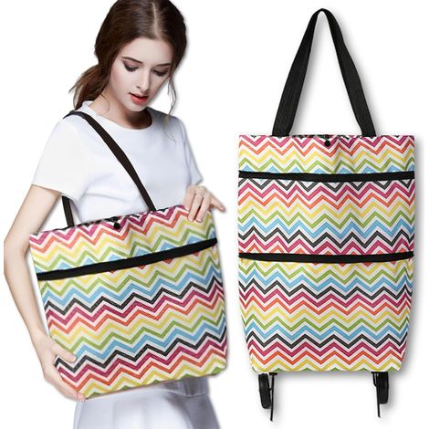Chariot à Provisions, Caddie de Courses Portable, Courses Pliable en Tissu Oxford, Sac de Courses Réutilisable, Sac à Provisions avec roulettes, Vert Et Respectueux(Bandes de Vagues) (1/5)
