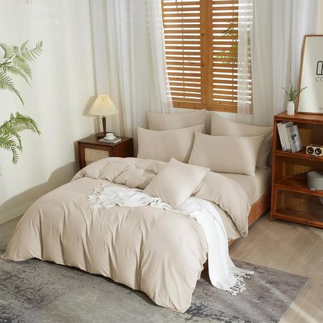 Parure de lit en lin et coton 220 x 240 cm - Beige - Douce et respirante - Moelleuse - Moderne - 3 pièces - Avec fermeture éclair et 2 taies d'oreiller de 80 x 80 cm (1/5)