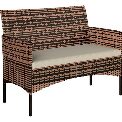2-Sitzer Rattan Gartensofa PE-Rattan Outdoor-Terrassen-Sofa mit Polster, Anti-Rutsch-Matten, Stahlrahmen, Khaki