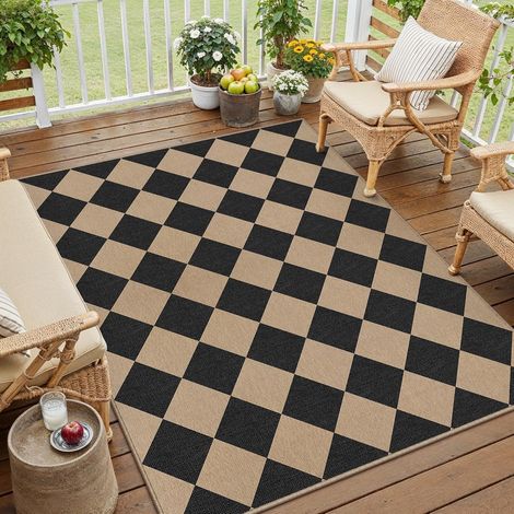 Tapis Exterieur Resistant Pluie 120x170cm Salon Extérieur Terrasse Marron Noir Antidérapant Lavable Grand Carpet Jardin Balcon Descente de Lit Salle a Manger Moderne Jute Aspect Rug (1/5)