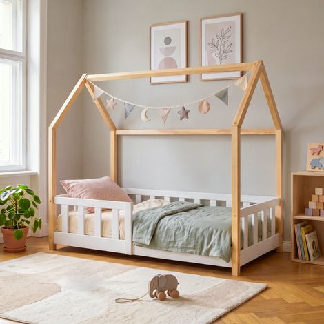 Hausbett Hesel mit Rausfallschutz 70x140 cm Weiß/Natur [en.casa] (1/5)