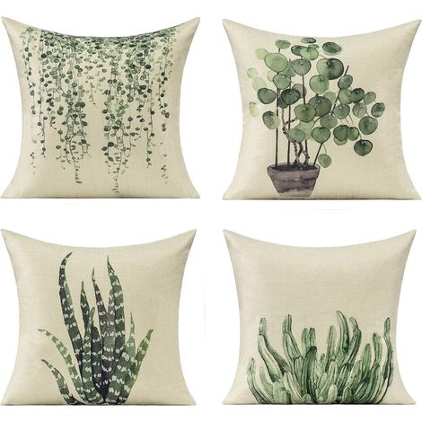 Housse De Coussin Extérieur - 18x18 Pouces - Motif Succulentes Et Feuilles - Tissu Polyester Coton Lin - Pour Meuble De Patio - Lot De 4 (1/5)