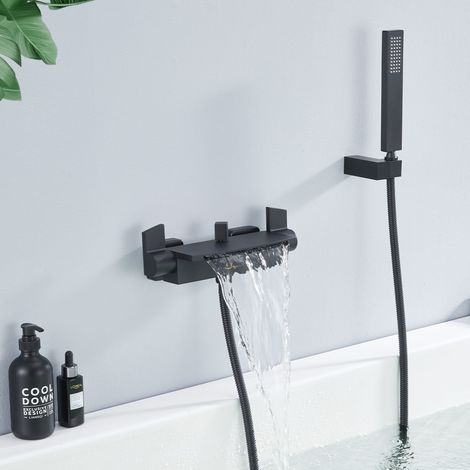 Wasserfall Badewannenarmatur mit Regal，Wannenarmatur mit Handbrause，Badewanne Armatur Duscharmatur für Bad, Schwarz matt，Komplett Duschset (1/5)