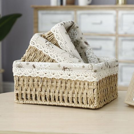 Rechteckiger Aufbewahrungskorb aus geflochtenem Rattan und Weide zur Aufbewahrung von Spielzeug, Kosmetikartikeln und anderen Gegenständen (khaki) (1/4)