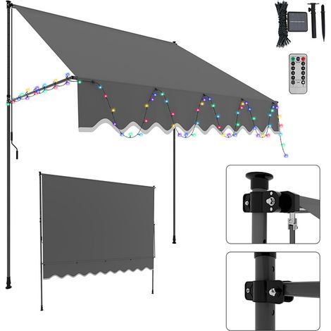 Wolketon Klemmmarkise mit LED 200x120cm Balkonmarkise, UV-beständig 50+ höhenverstellbar Sonnenschutz ohne Bohren für Terrasse und Balkon Grau