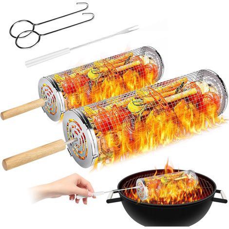 Panier de Barbecue en Acier Inoxydable, Panier à Griller Roulant, Paniers À Griller Cylindriques, 2PC Accessoires de Barbecue Panier Grillagé Grille Pour Légumes Viande Steak (1/5)