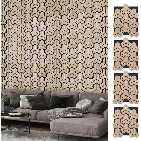 COSTWAY Lot de 4 Panneaux Acoustiques pour Murs, Panneau Absorbant de Bruit 83 x 65 CM avec 27 Planches en Bois Irrégulières, Décoration Intérieure 3D pour Plafond et Mur (1/5)