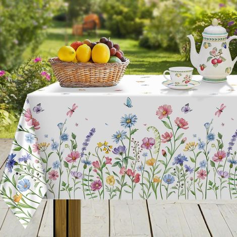 Nappe 140x180cm avec fleurs sauvages & papillons, rectangulaire, facile d'entretien