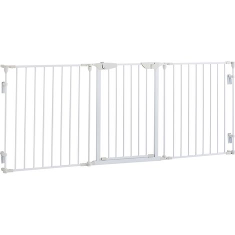 Barrière de sécurité pour chiens 3 éléments avec porte automatique en métal blanc 180x3x74,5 cm (1/5)