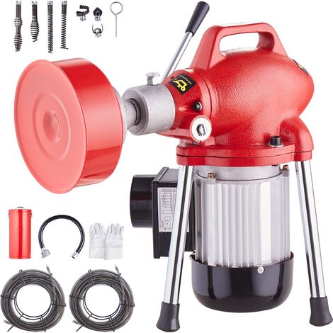 Déboucheur Électrique Canalisation 36,5 m x 16 mm Machine Nettoyage Tuyaux Alimentation Manuelle 370 W 7 Coupeurs, 2 Câbles Acier 36,5 m x 16 mm/7 m x 9,5 mm, Contrôle CW/CCW pour Tuyaux 4-10 cm (1/5)