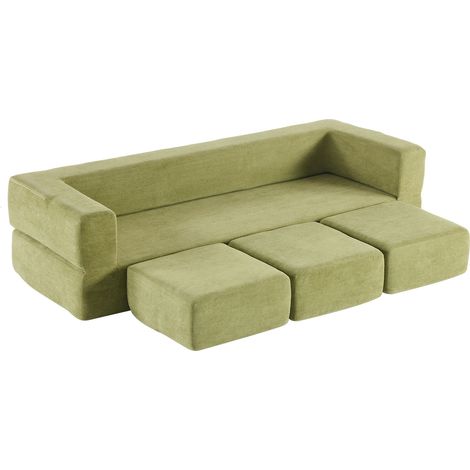 Grand canapé vert moderne, avec 4 coussins. Pas besoin de montage. Ambiance naturelle et apaisante. (1/5)