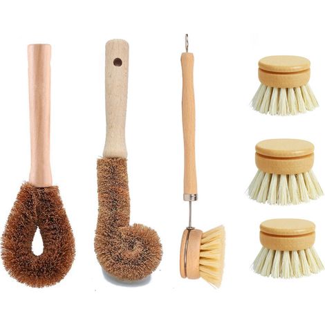 Set mit 6 Spülbürsten aus natürlichem Bambus • Öko-Bürste für Töpfe und Flaschen und umweltfreundlich für Pfannen und Geschirr (1/4)