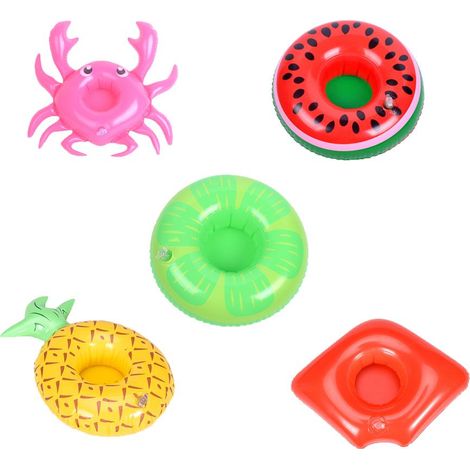 Lot De 5 Support Gobelet Gonflable Flottant Forme Citron Pastèque Ananas Lèvre Crabe Accessoire Piscine Plage (1/2)