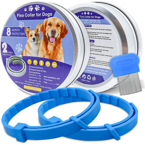 2Pcs Collier anti-insectes pour animaux– brosse à poils offerte, imperméable et réglable, 60cm, adapté à toutes les tailles，bleu