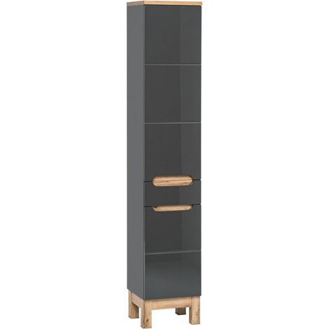 Colonna da bagno ERMANO – Finitura legno e grigio lucido con cassetto e armadietti