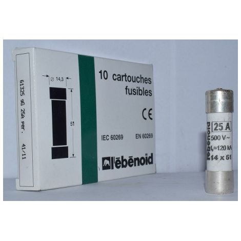 Fusible 25A cartouche 14X51mm gG usage industriel (boite de 10) HPC 120kA 500V avec voyant et percuteur EBENOID 061325 (1/2)