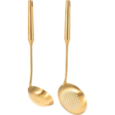 Lot 2 cuillères cuisine inox doré : grande louche soupe + manche long ergonomique, usage pro maison/resto (1/5)