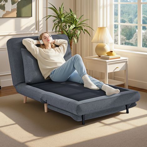 Fauteuil convertible 3 en 1 avec fonction lit, dossier inclinable, pieds en hêtre, coussin, gris