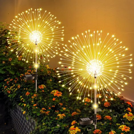 Lampe Solaire Exterieur,Version Améliorée Lumiere Solaire Exterieur 2 Pièces 122 LEDs Hauteur au Choix 82/102 cm, Effet feu d’artifice dynamique,IP65 Étanche,pour Decoration Jardin Patios Chemins